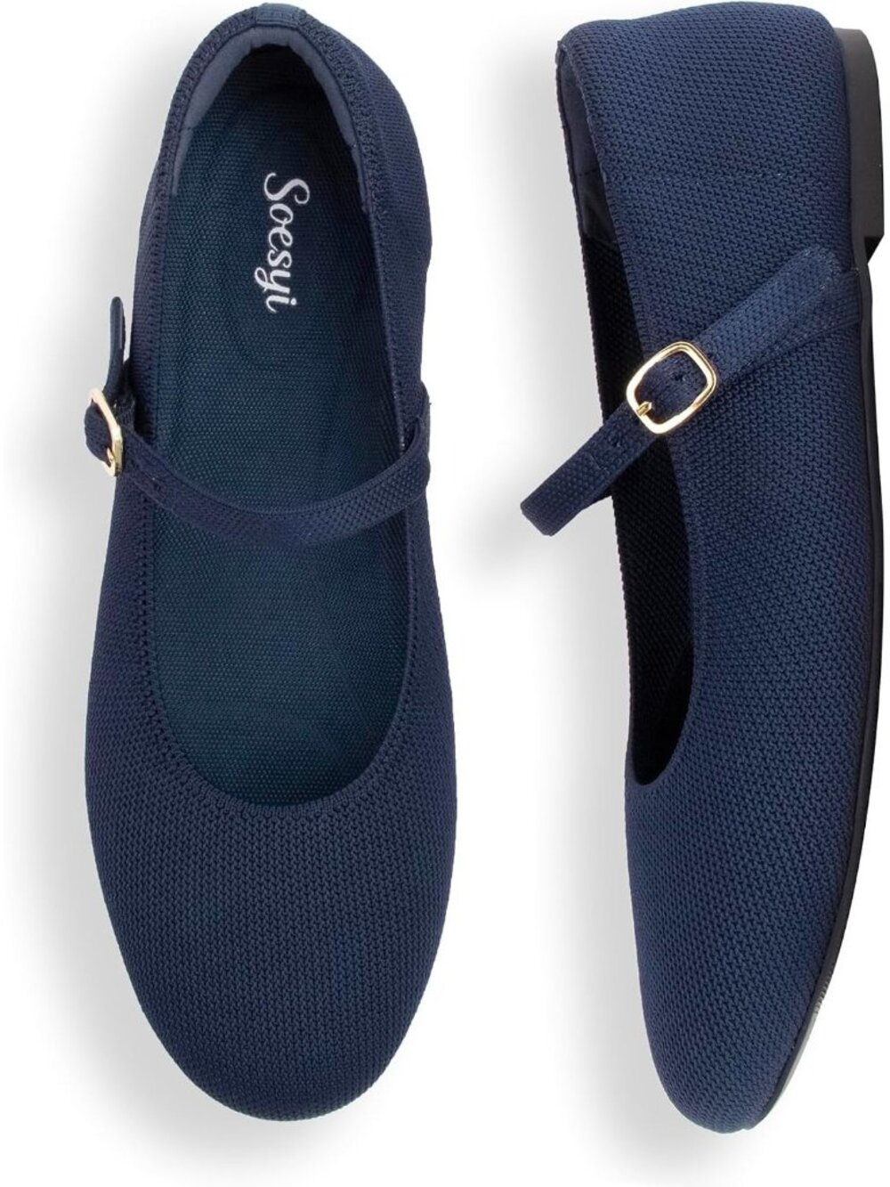 Women's Navy Round Toe Ballet Flats Comfortable Slip On Adjustable Straps Shoes